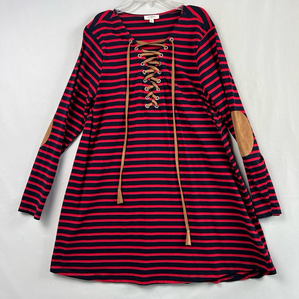 Umgee Dress Womens Small Shift Striped Lace Up V-Neck Elbow Patch Casual Preppy